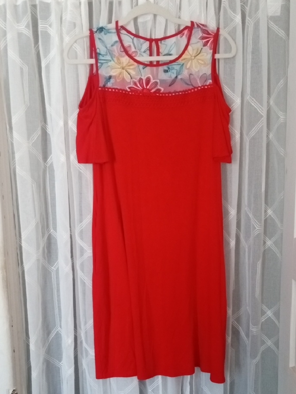 Apt. 9 Red Cold-Shoulder Dress with Floral Mesh Yoke Size M 🌹💠🌼
